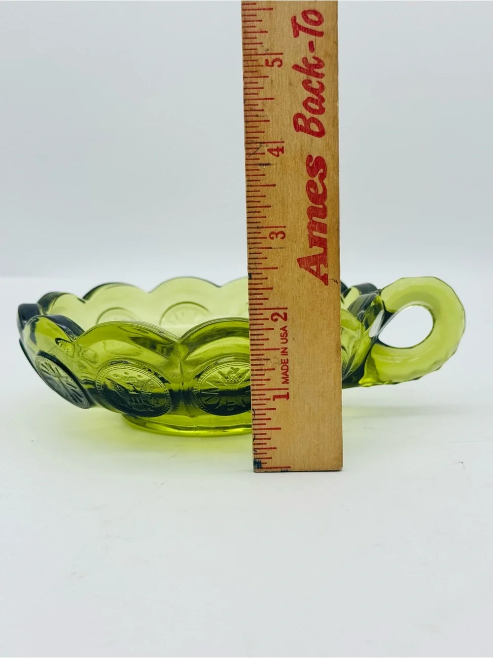 Vintage Fostoria Coin Glass Handled Nappy, Olive Green